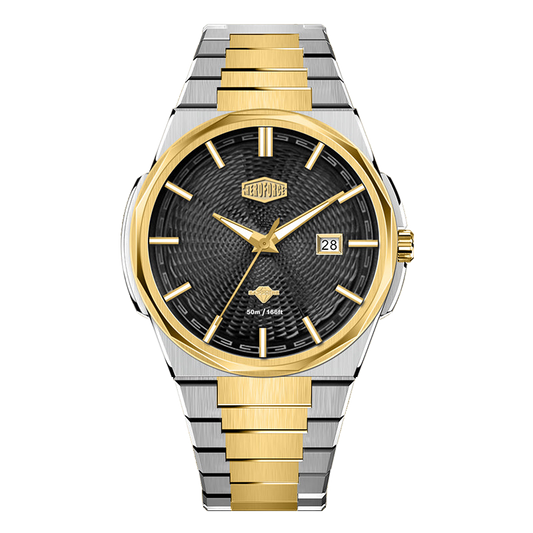 Silver and Gold Stainless Steel Watch with Black Textured Dial