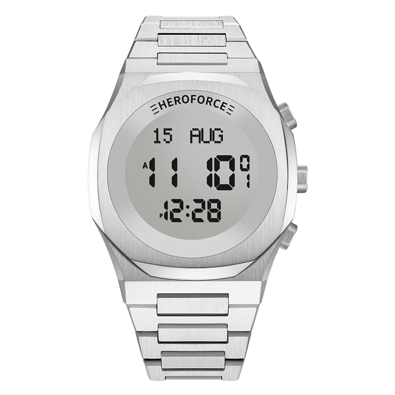 Silver digital wristwatch with rectangular case, metallic silver band, and three side buttons.