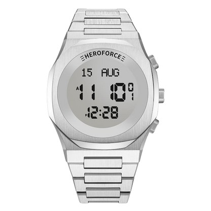 Silver digital wristwatch with rectangular case, metallic silver band, and three side buttons.