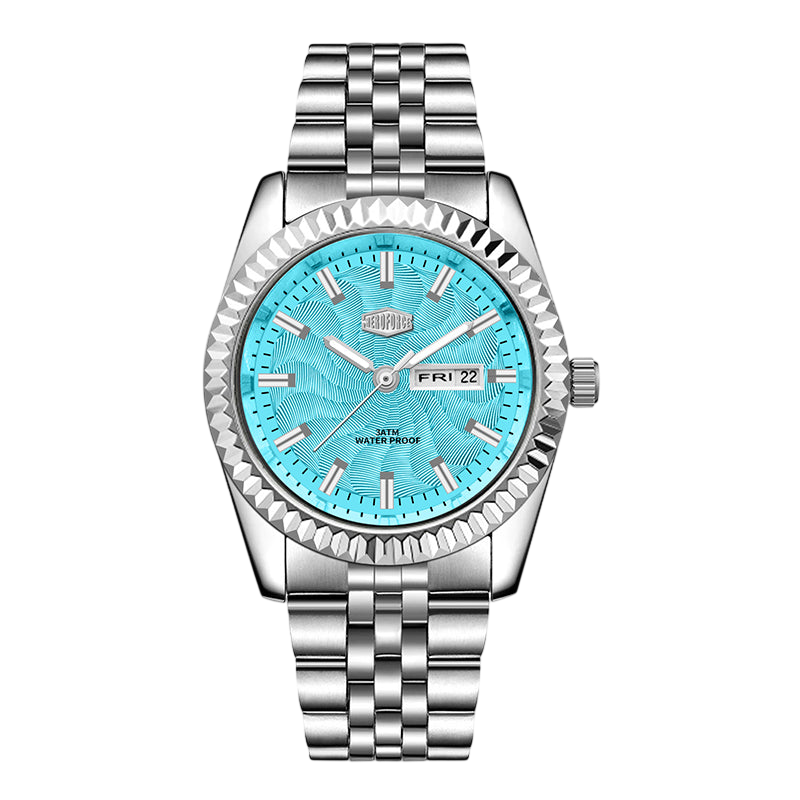 Silver stainless steel men’s watch with Tiffany blue dial, fluted bezel, and metal bracelet