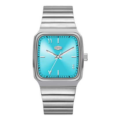 Silver watch with a turquoise face on a white background