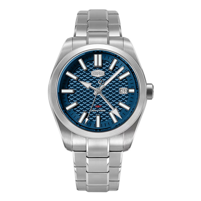 Silver watch with blue face on a white background