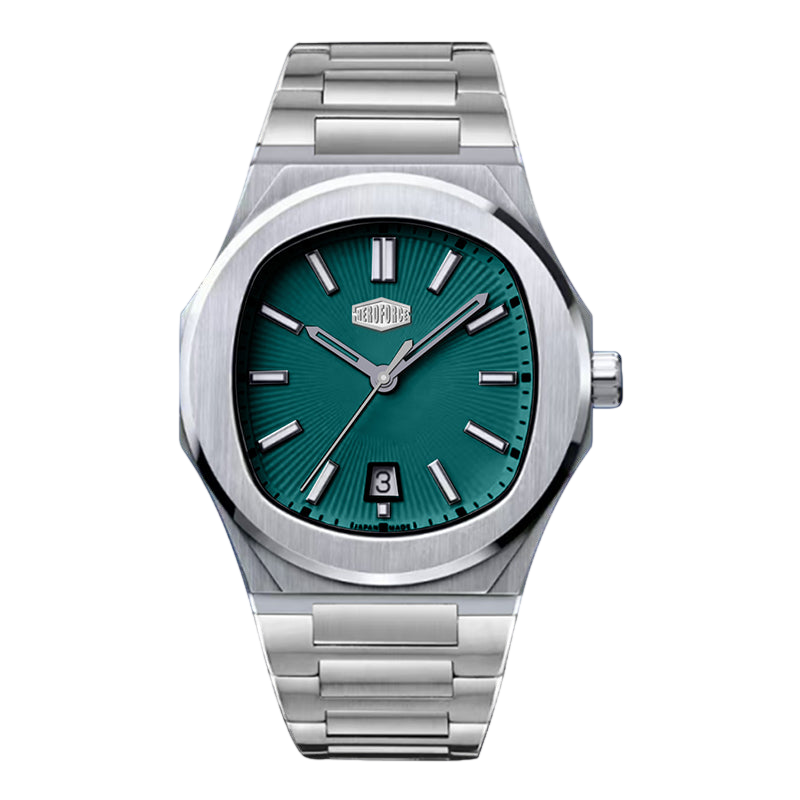 Silver watch with a green face on a white background