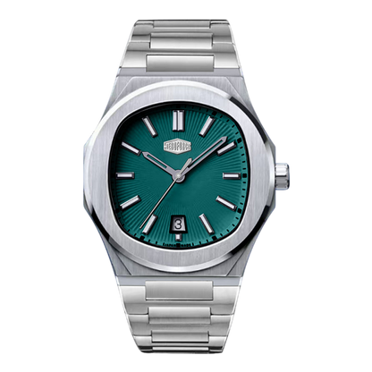Silver watch with a green face on a white background