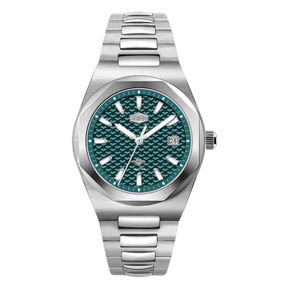 Silver watch with a green textured face on a white background