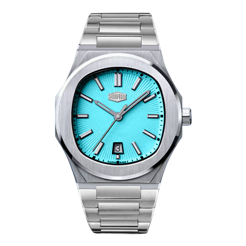 Silver watch with a turquoise face on a white background