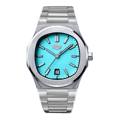 Silver watch with a turquoise face on a white background