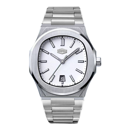 Silver watch with a white face on a white background