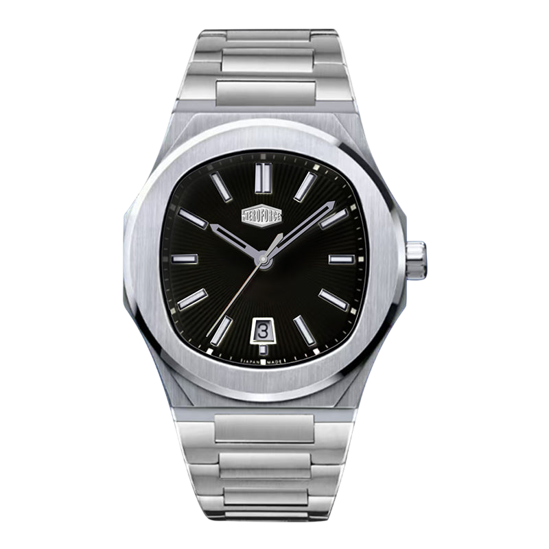 Silver watch with black dial on a white background
