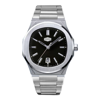 Silver watch with black dial on a white background
