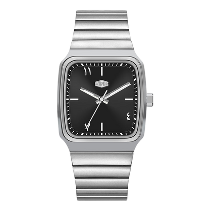 Silver watch with black face on a white background