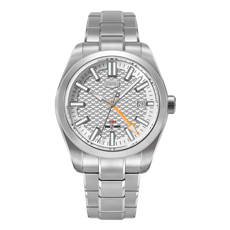 Silver wristwatch with a white face on a white background