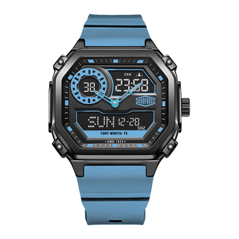 Square black wristwatch with metallic accents and blue silicone strap, hybrid analog-digital display