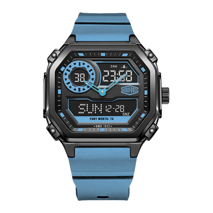 Square black wristwatch with metallic accents and blue silicone strap, hybrid analog-digital display