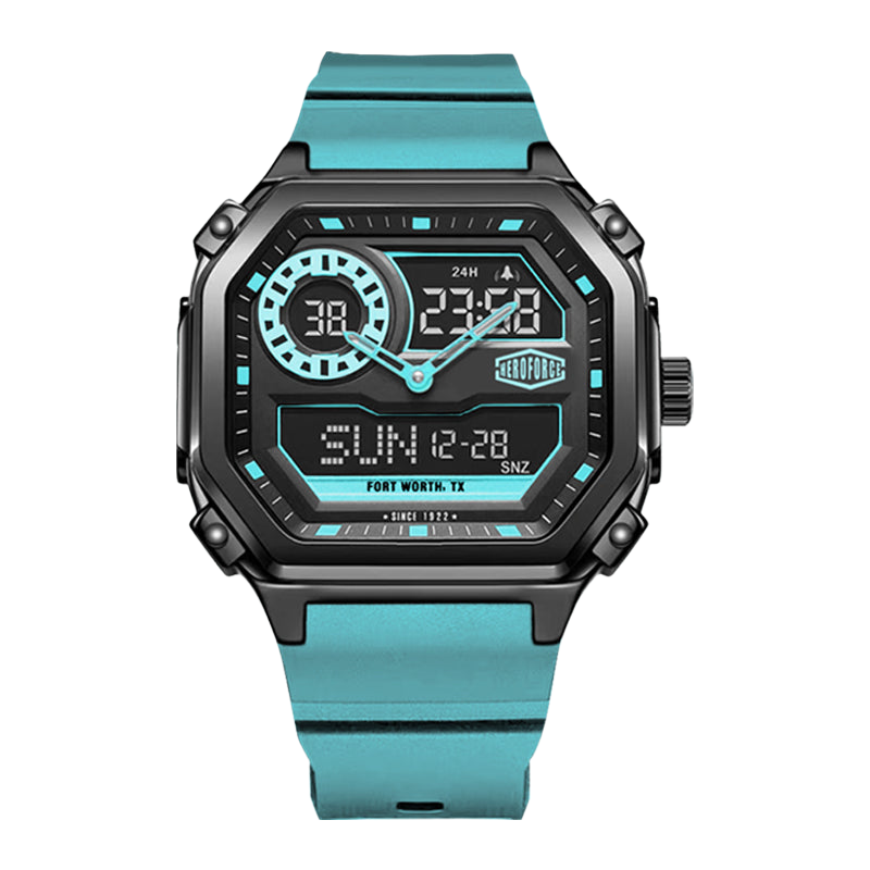 Square black wristwatch with turquoise accents and strap, hybrid analog-digital display