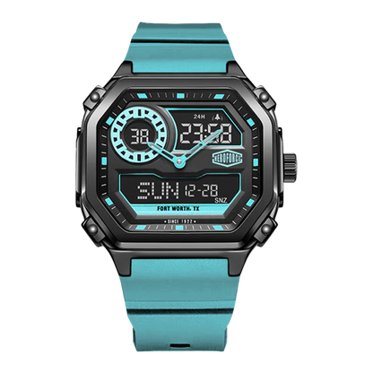 Square black wristwatch with turquoise accents and strap, hybrid analog-digital display