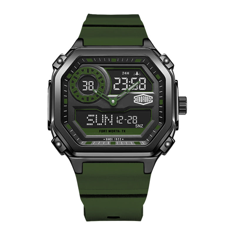 Square wristwatch with black and green case, green rubber strap, and combined analog-digital face.