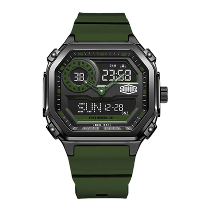 Square wristwatch with black and green case, green rubber strap, and combined analog-digital face.
