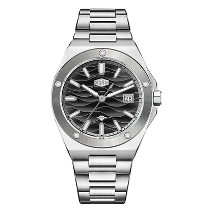 Stainless steel wristwatch with a black wave patterned dial and date display.