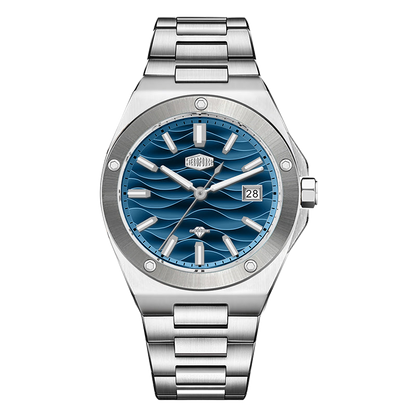 Stainless steel wristwatch with a blue wave patterned dial and date display.