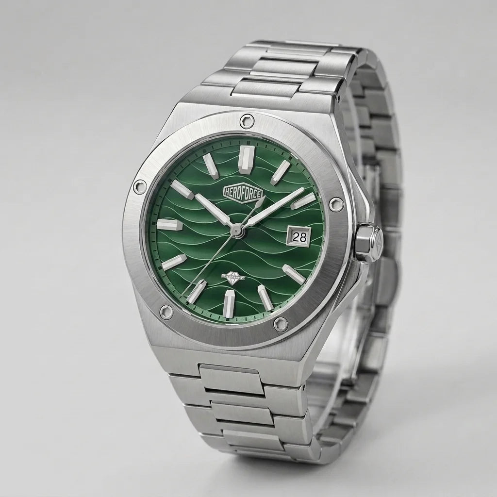 Stainless steel wristwatch with a green wave patterned - refined, elegant, polished, premium