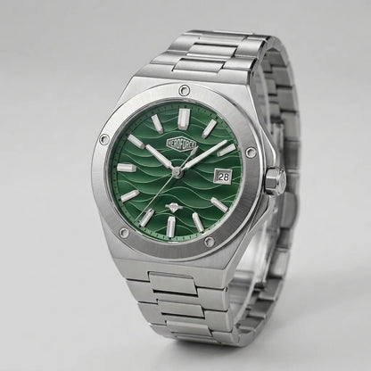 Stainless steel wristwatch with a green wave patterned - refined, elegant, polished, premium