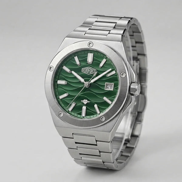 Stainless steel wristwatch with a green wave patterned - refined, elegant, polished, premium