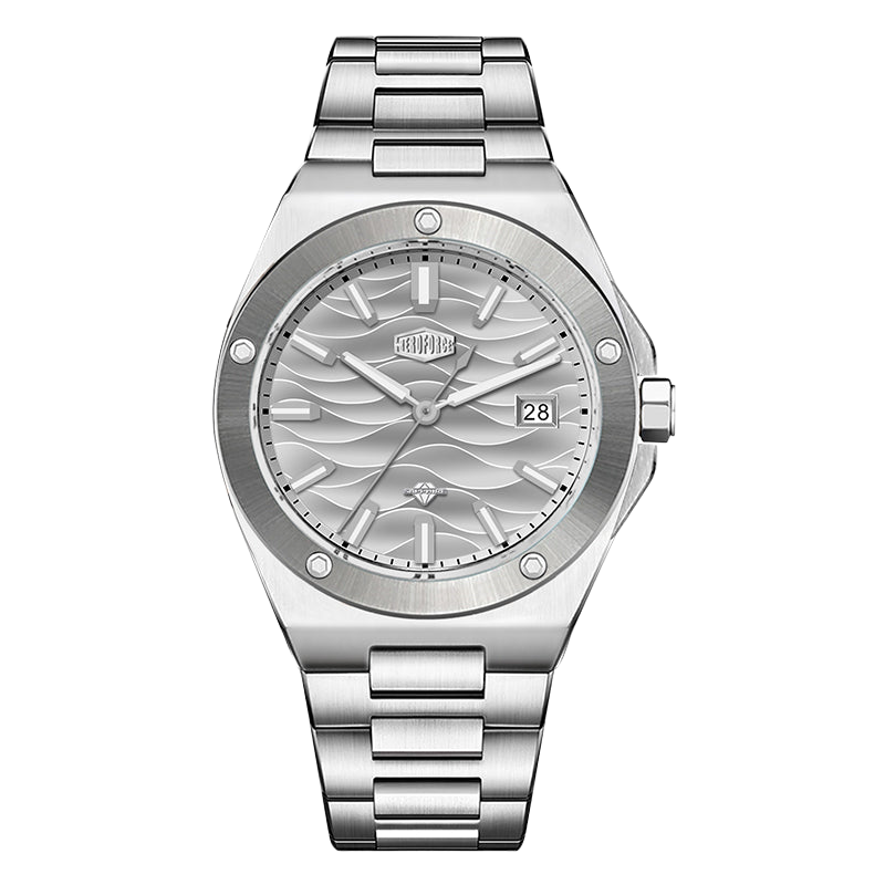 Stainless steel wristwatch with a grey wave patterned dial and date display.