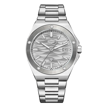 Stainless steel wristwatch with a grey wave patterned dial and date display.