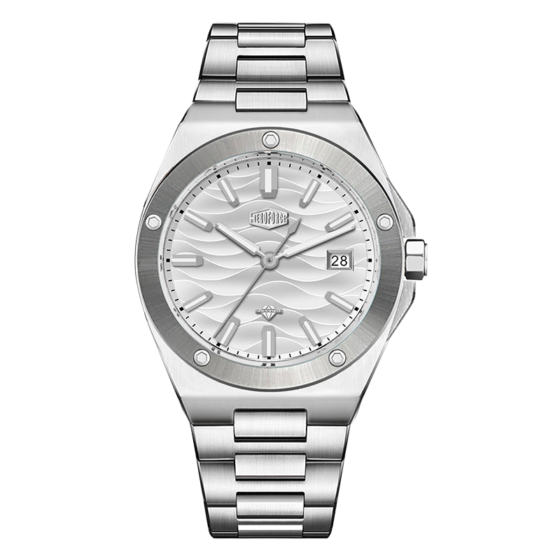 Stainless steel wristwatch with a silver wave patterned dial and date display.