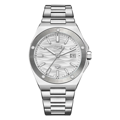 Stainless steel wristwatch with a silver wave patterned dial and date display.