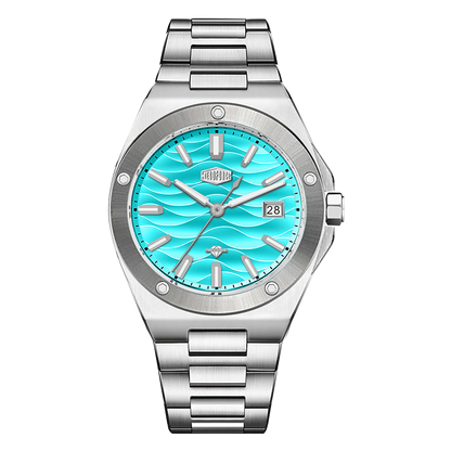 Stainless steel wristwatch with a turquoise wave patterned dial and date display.
