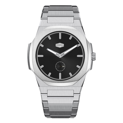 Stainless steel wristwatch with black dial, silver markers, small seconds subdial 