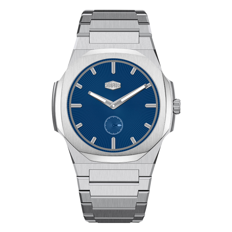 Stainless steel wristwatch with blue dial, silver markers, small seconds subdial 