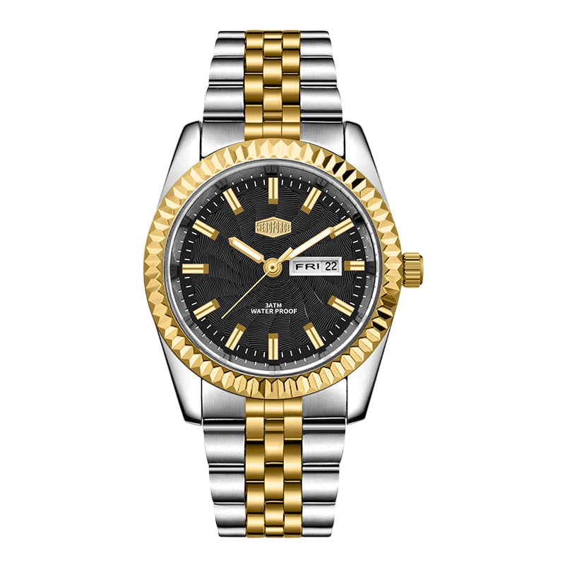 Two-tone men’s stainless steel watch with black dial, gold fluted bezel, and silver-gold bracelet
