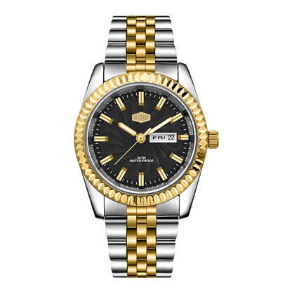 Two-tone men’s stainless steel watch with black dial, gold fluted bezel, and silver-gold bracelet