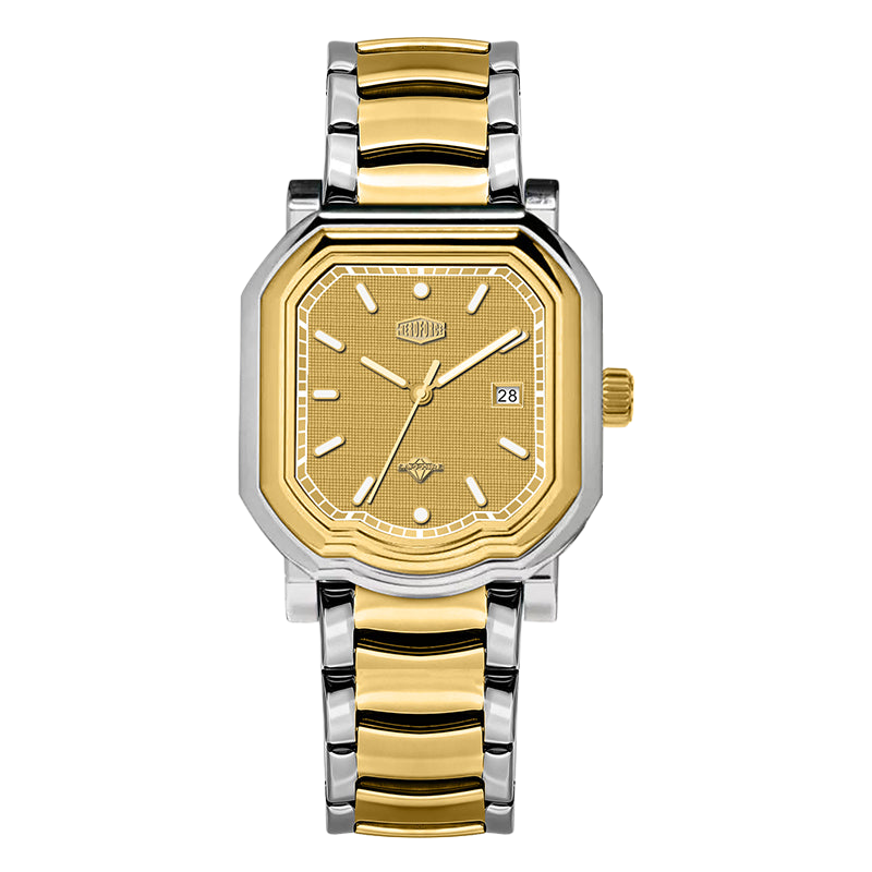 Two-tone wristwatch with gold dial, alternating gold-silver bracelet, white indices, gold hands, and date window 