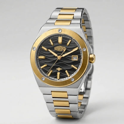Two tone stainless steel wristwatch with a black wave patterned dial, gold bezel, and date display.