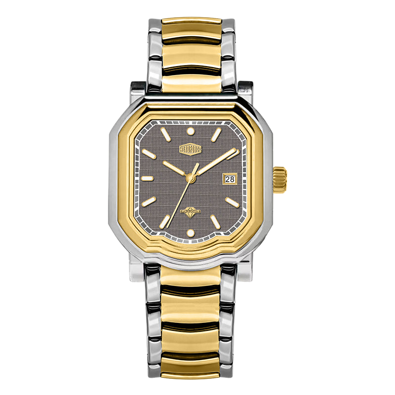Two tone stainless steel wristwatch with a grey textured dial and date display.
