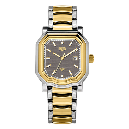 Two tone stainless steel wristwatch with a grey textured dial and date display.
