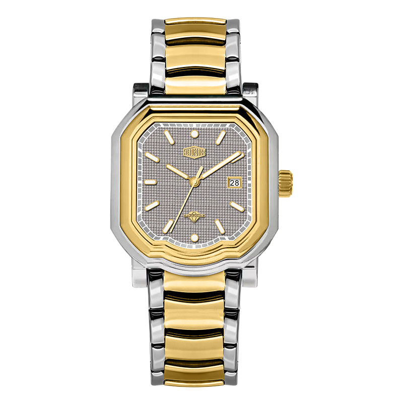 Two tone stainless steel wristwatch with a white textured dial and date display.