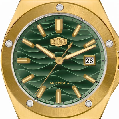Upclose - Gold tone stainless steel wristwatch with a green wave patterned dial and date display.