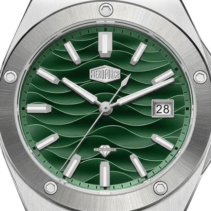 Upclose - Stainless steel wristwatch with a green wave patterned 