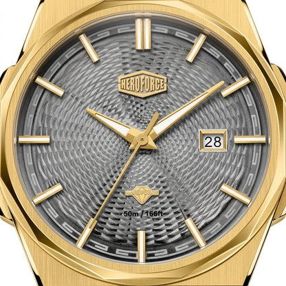 Upclose view of Gold-tone stainless steel watch with grey textured dial, date display, and integrated bracelet