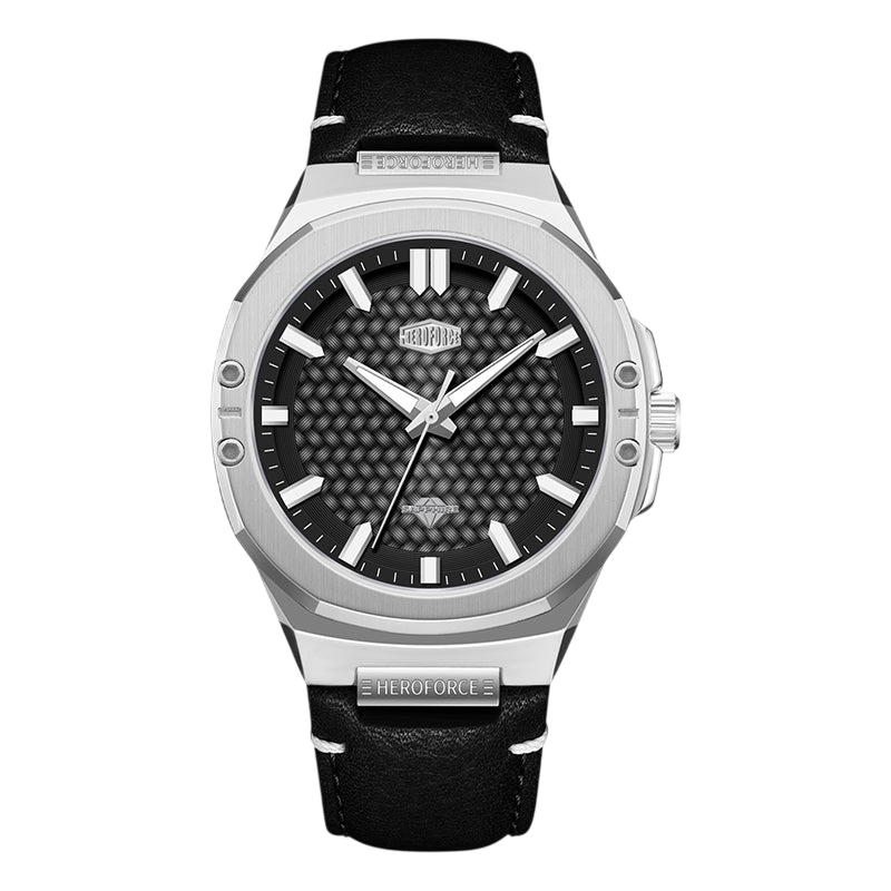 Watch with black leather strap and carbon fiber dial on a white background