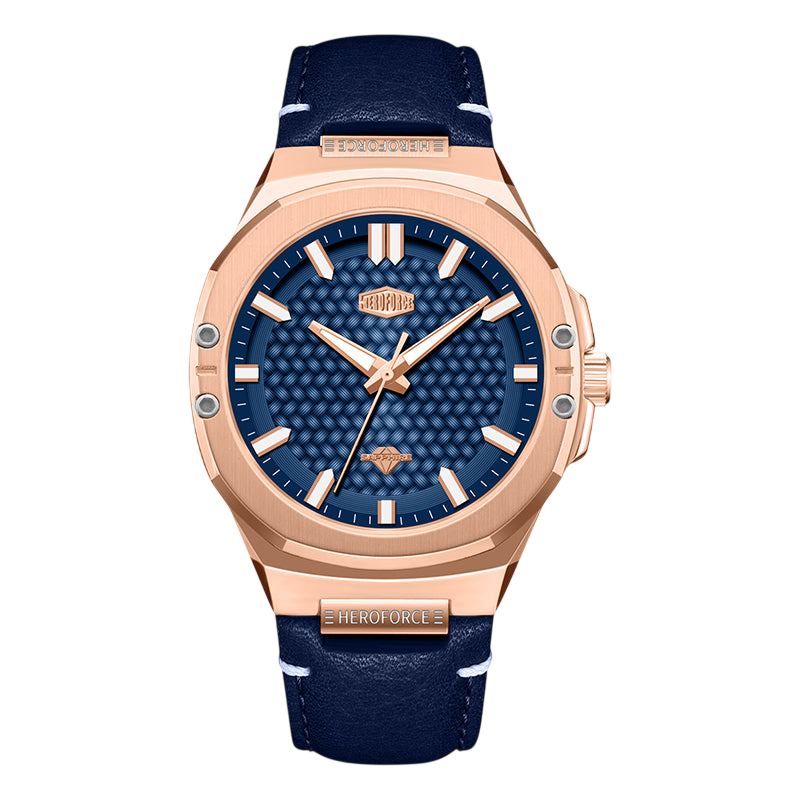 Watch with blue face and rose gold case on white background