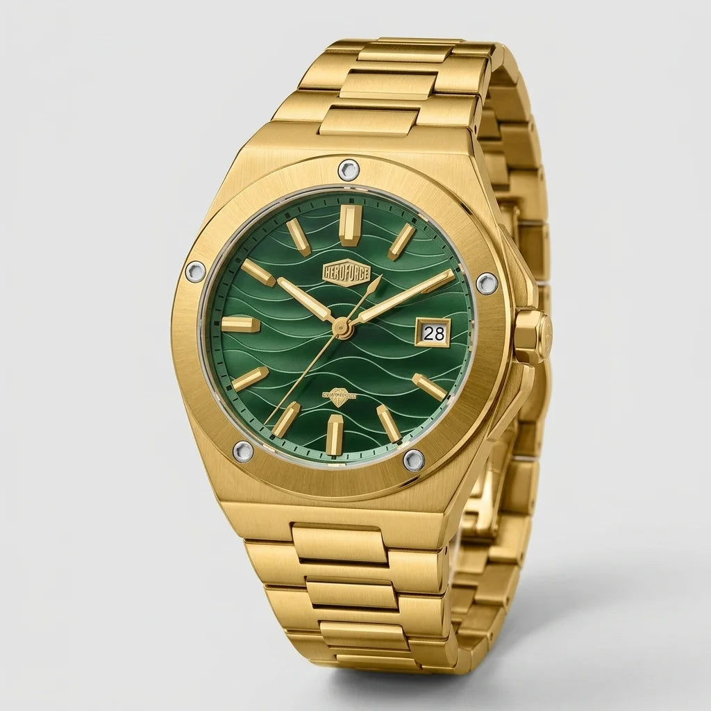 frontal luxury timepiece - Gold tone stainless steel wristwatch with a green wave patterned dial and date display.