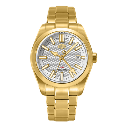 gold watch, white dial