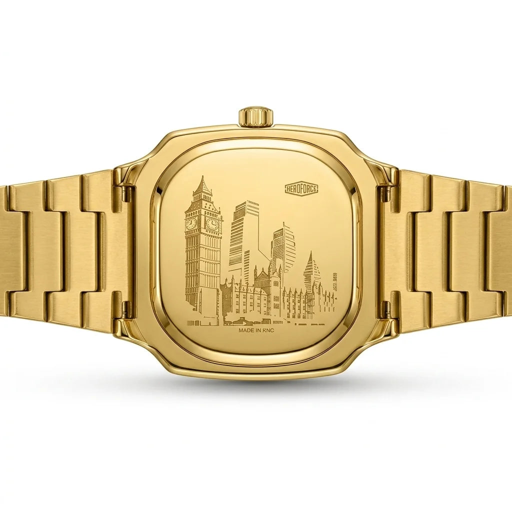 Heroforce 5002B Men's Ana - watch case back, engraved detail, luxury, studio photography
