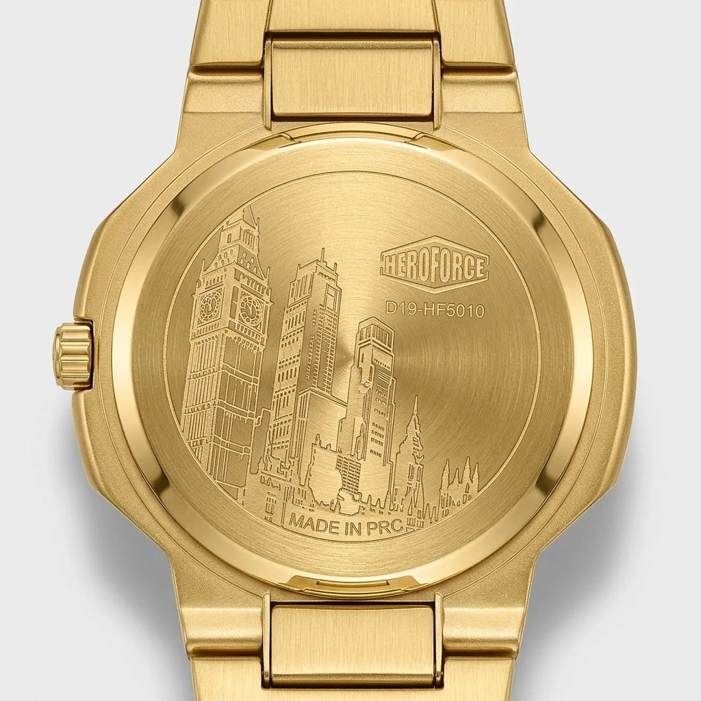 HeroForce 5037A – Luxury - Gold watch, engraved caseback, rear view, studio shot